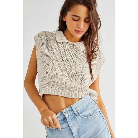 Free People Winding Road Tank Vest Chunky Knit Tan Pullover Preppy Casual L - Picture 2 of 14